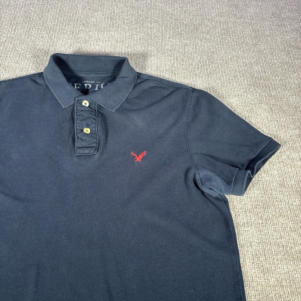American Eagle Polo Shirt Navy Blue Athletic Fit Short Sleeve Logo Preppy Y2K